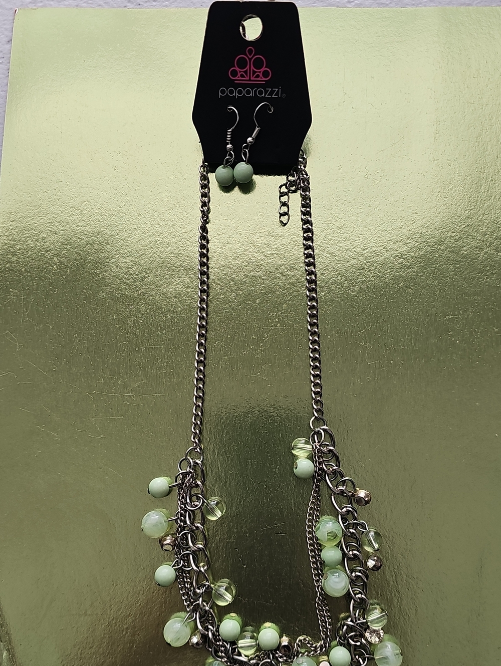 paparazzi Pale Green Beaded Layered Necklace with Gunmetal Chains